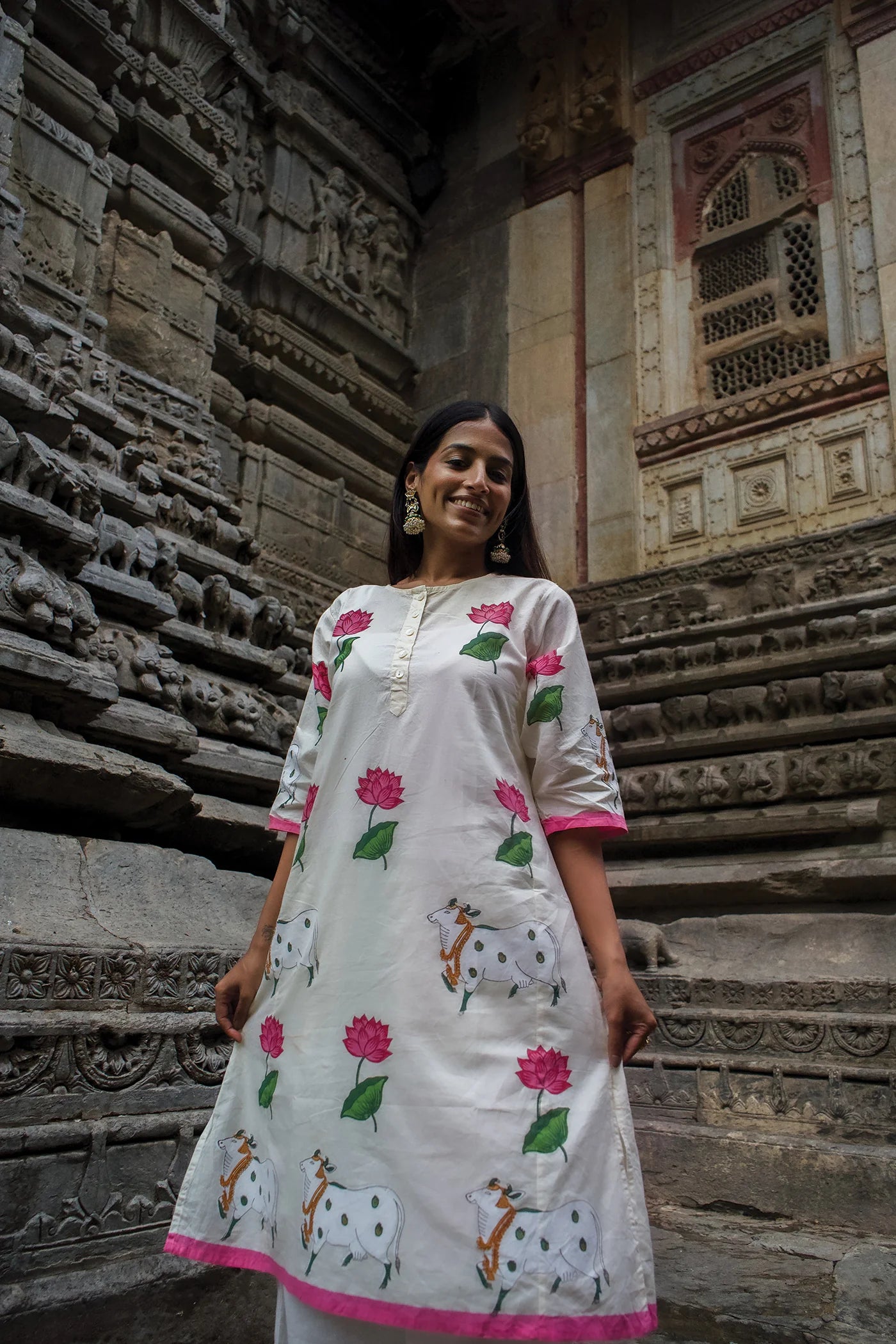 Ivory Cow Motif Printed Cotton Kurta