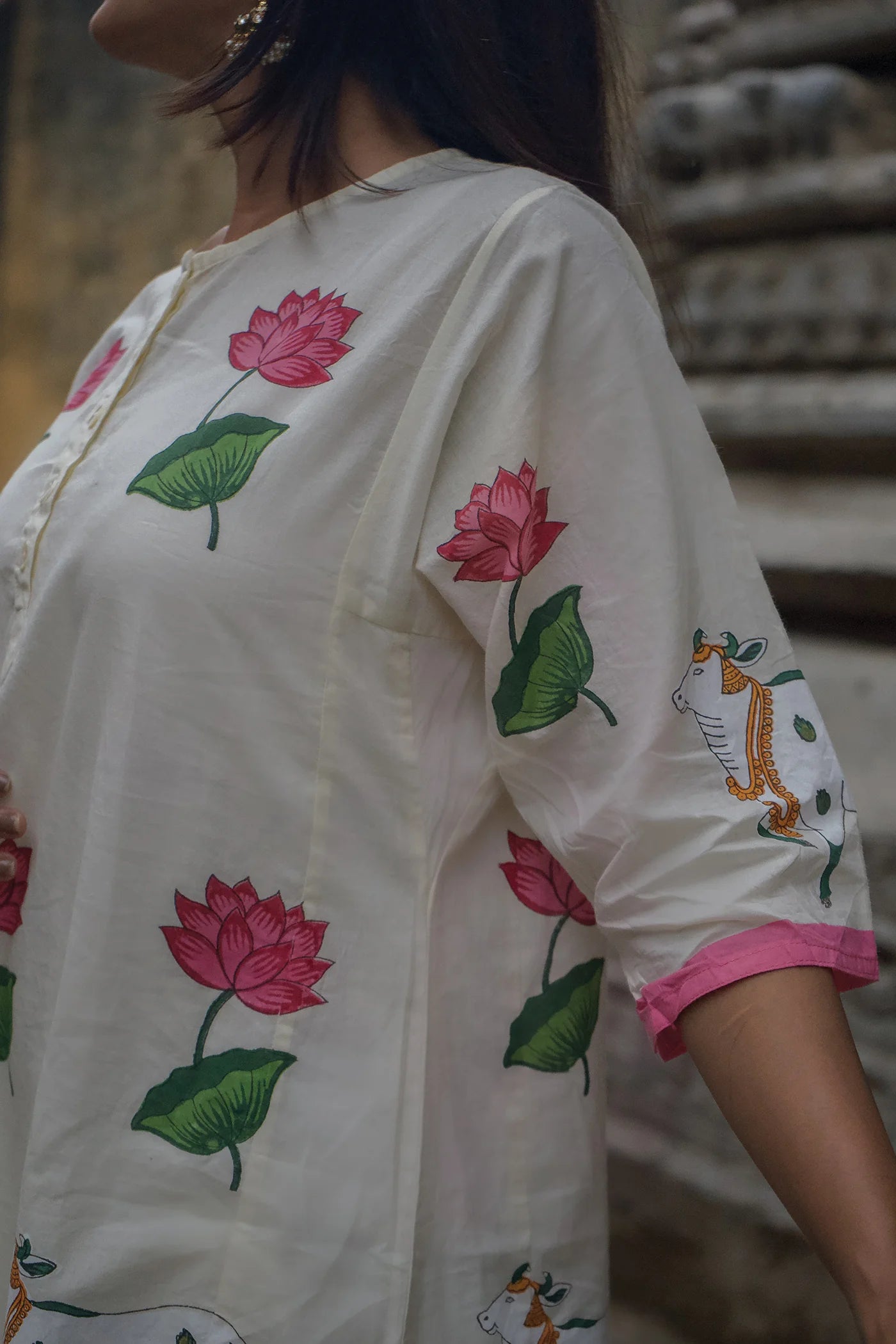 Ivory Cow Motif Printed Cotton Kurta