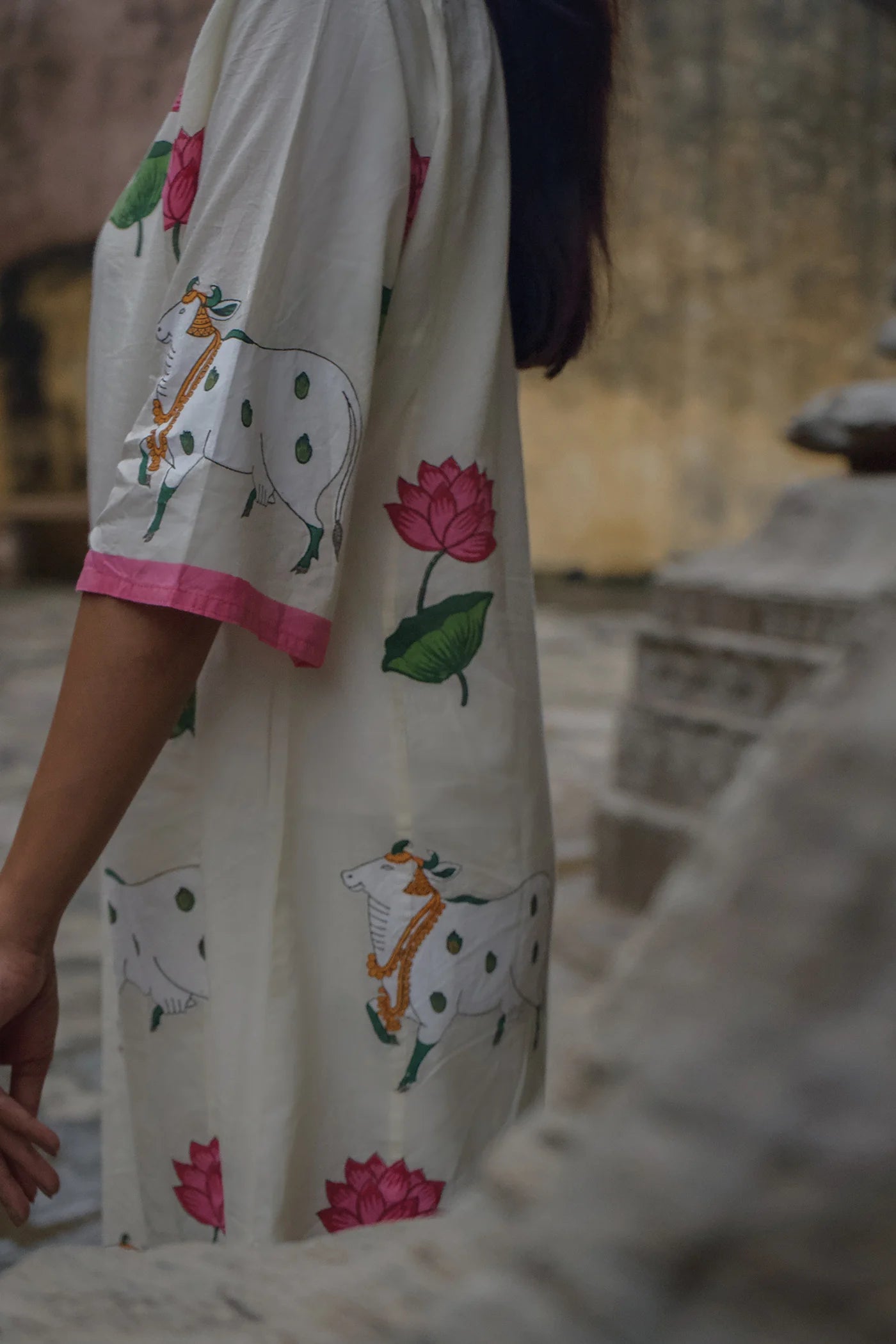 Ivory Cow Motif Printed Cotton Kurta