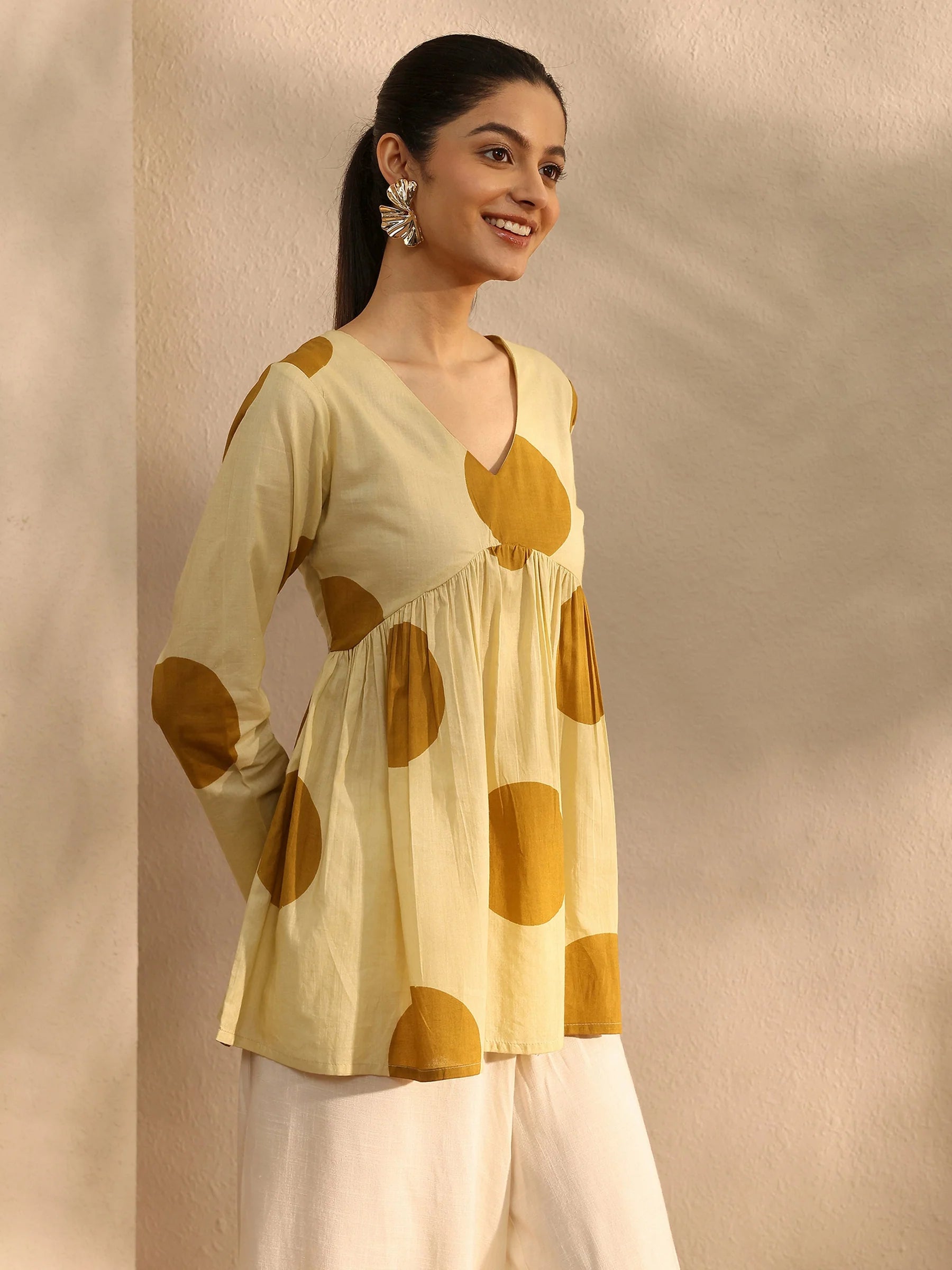 Mustard Polka Dot Flared Kurti Top