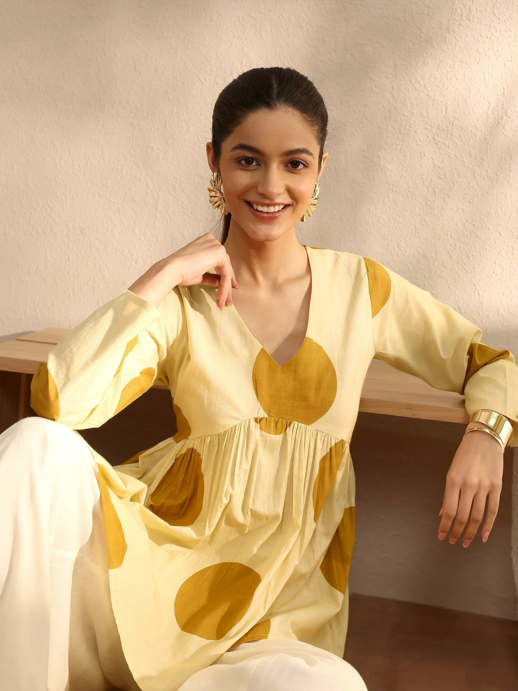 Mustard Polka Dot Flared Kurti Top