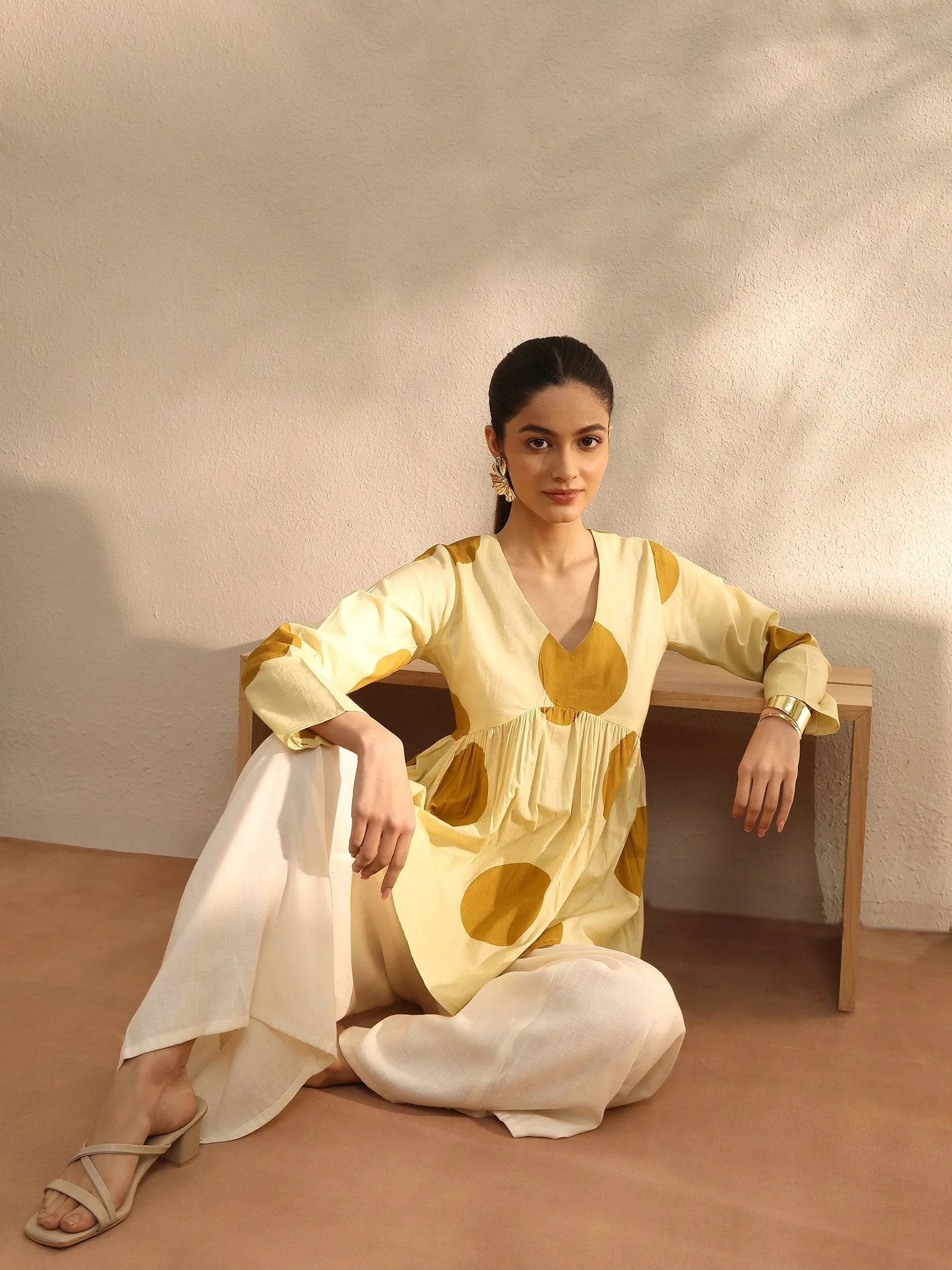 Mustard Polka Dot Flared Kurti Top