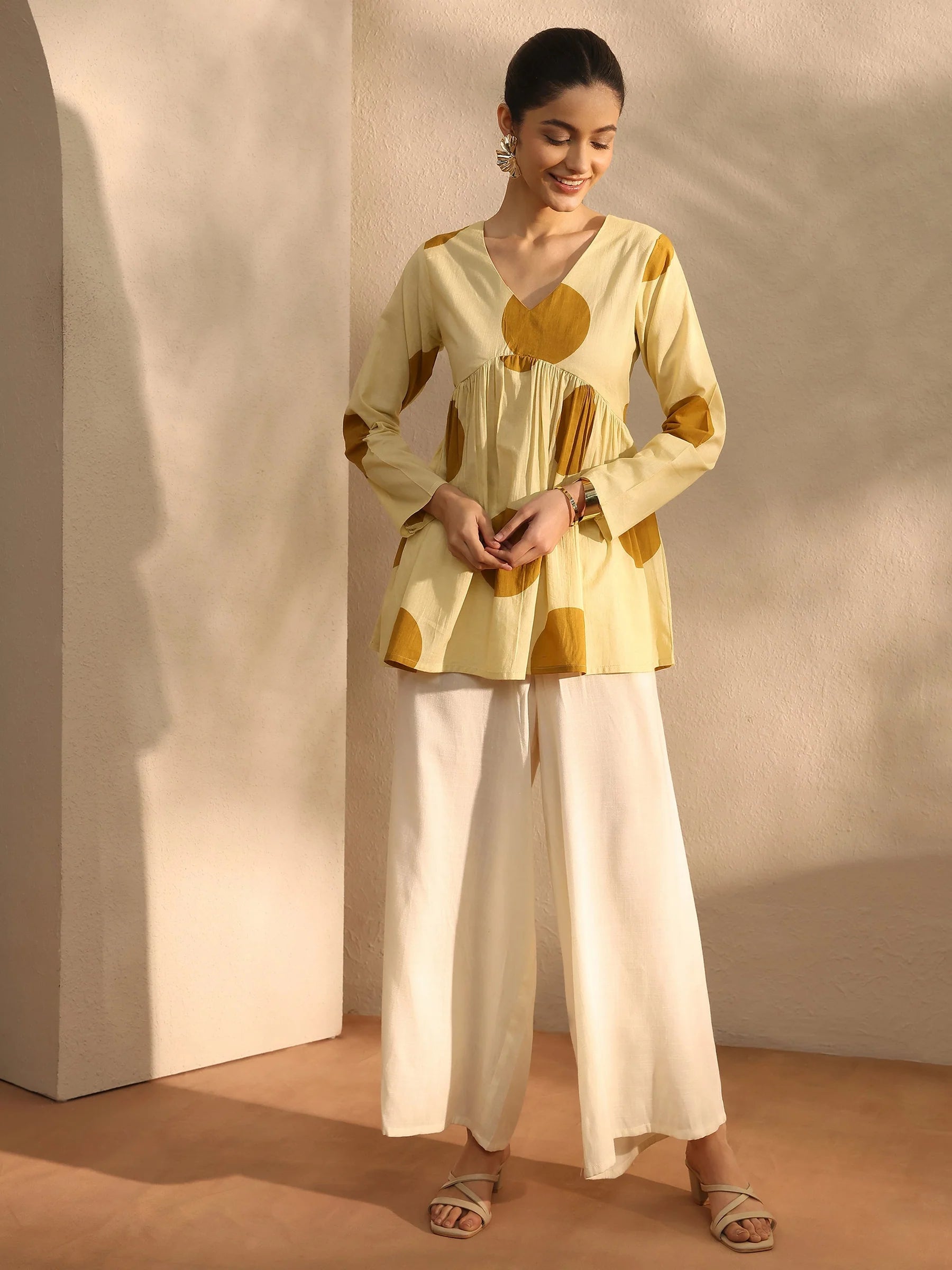 Mustard Polka Dot Flared Kurti Top