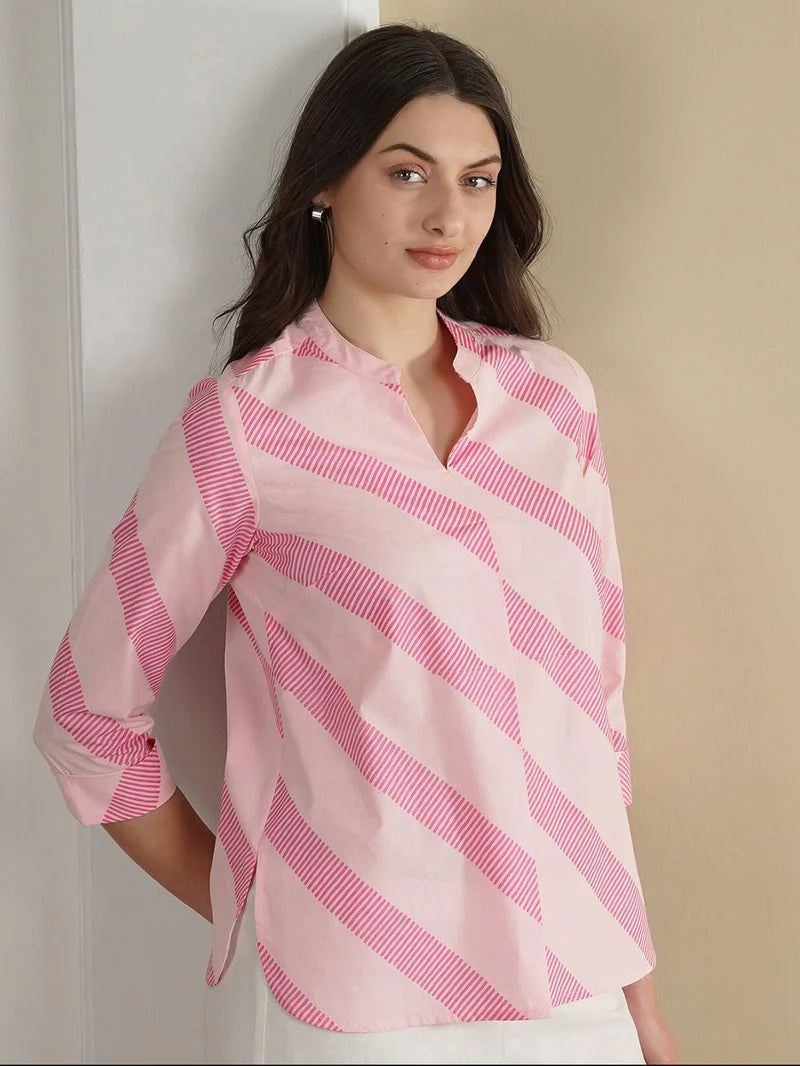 Pink Diagonal Stripe Casual Shirt & Wide-Leg Pants Set