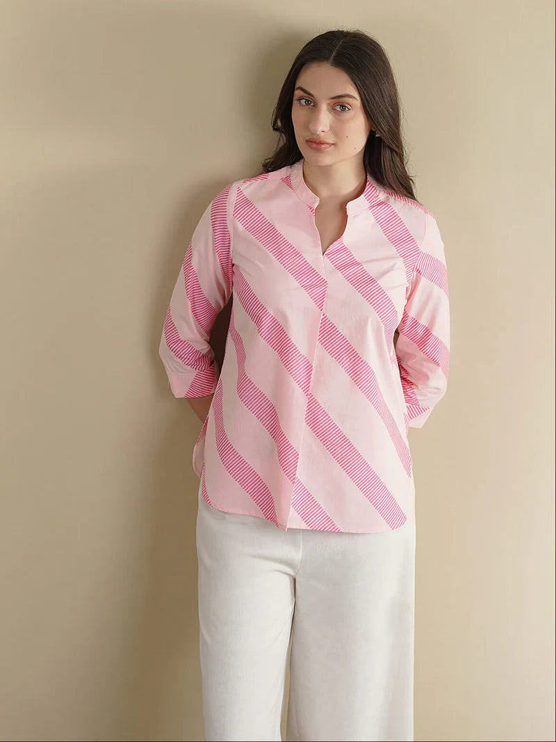 Pink Diagonal Stripe Casual Shirt & Wide-Leg Pants Set