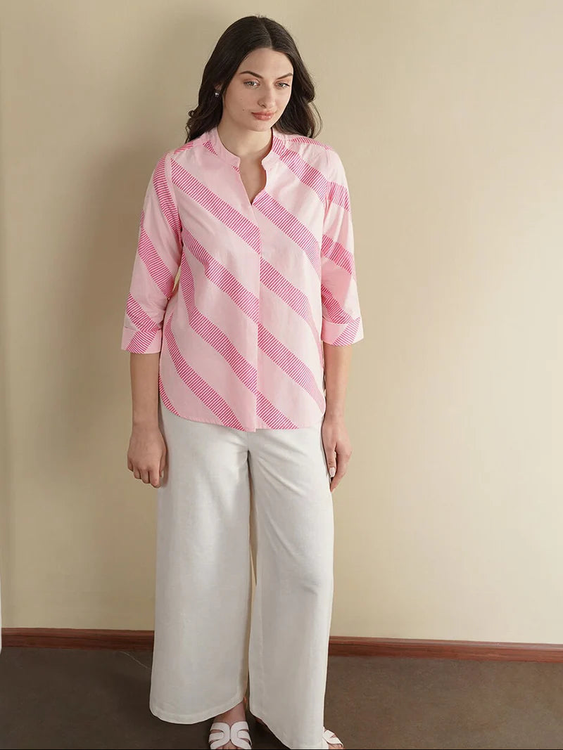 Pink Diagonal Stripe Casual Shirt & Wide-Leg Pants Set