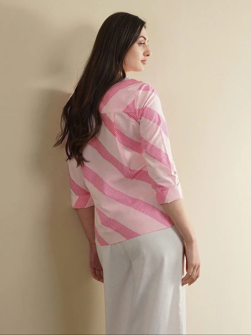 Pink Diagonal Stripe Casual Shirt & Wide-Leg Pants Set