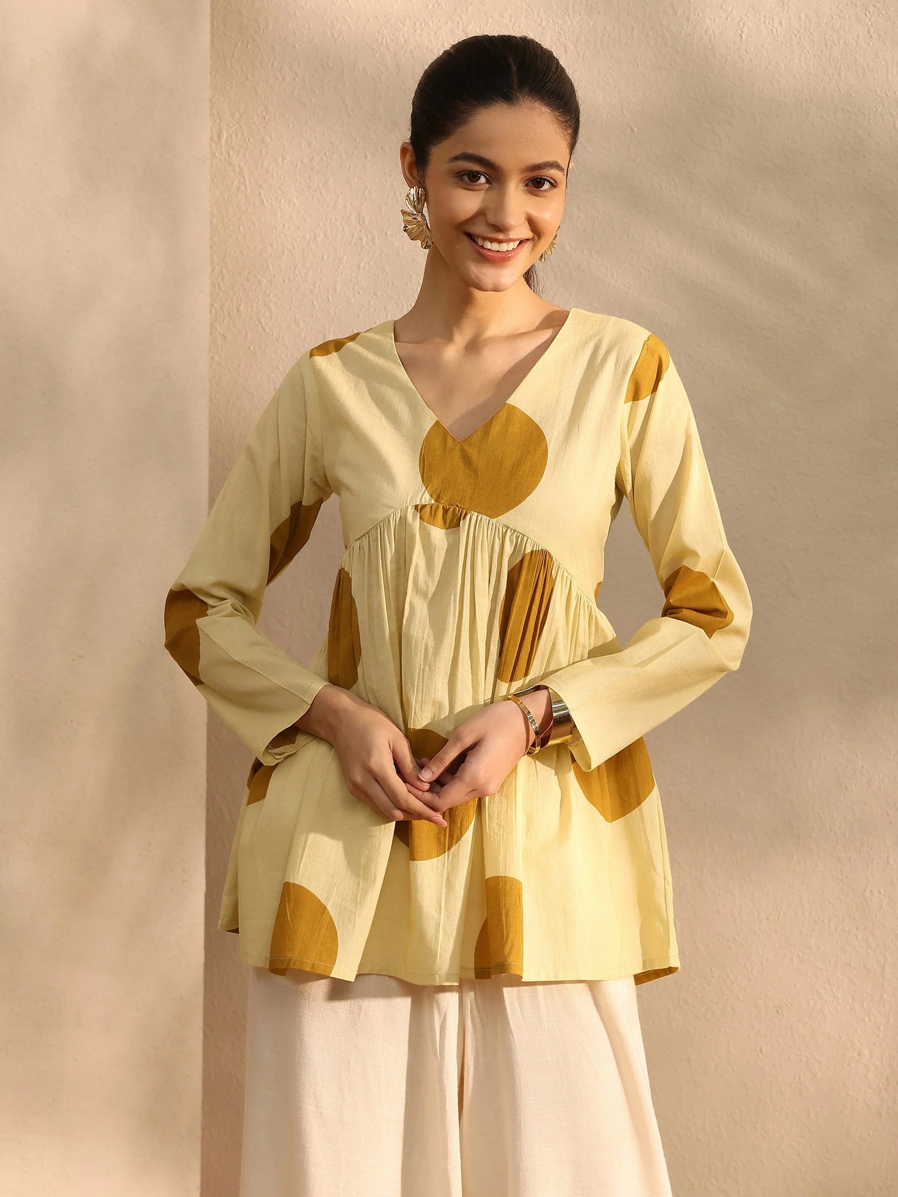 Mustard Polka Dot Flared Kurti Top