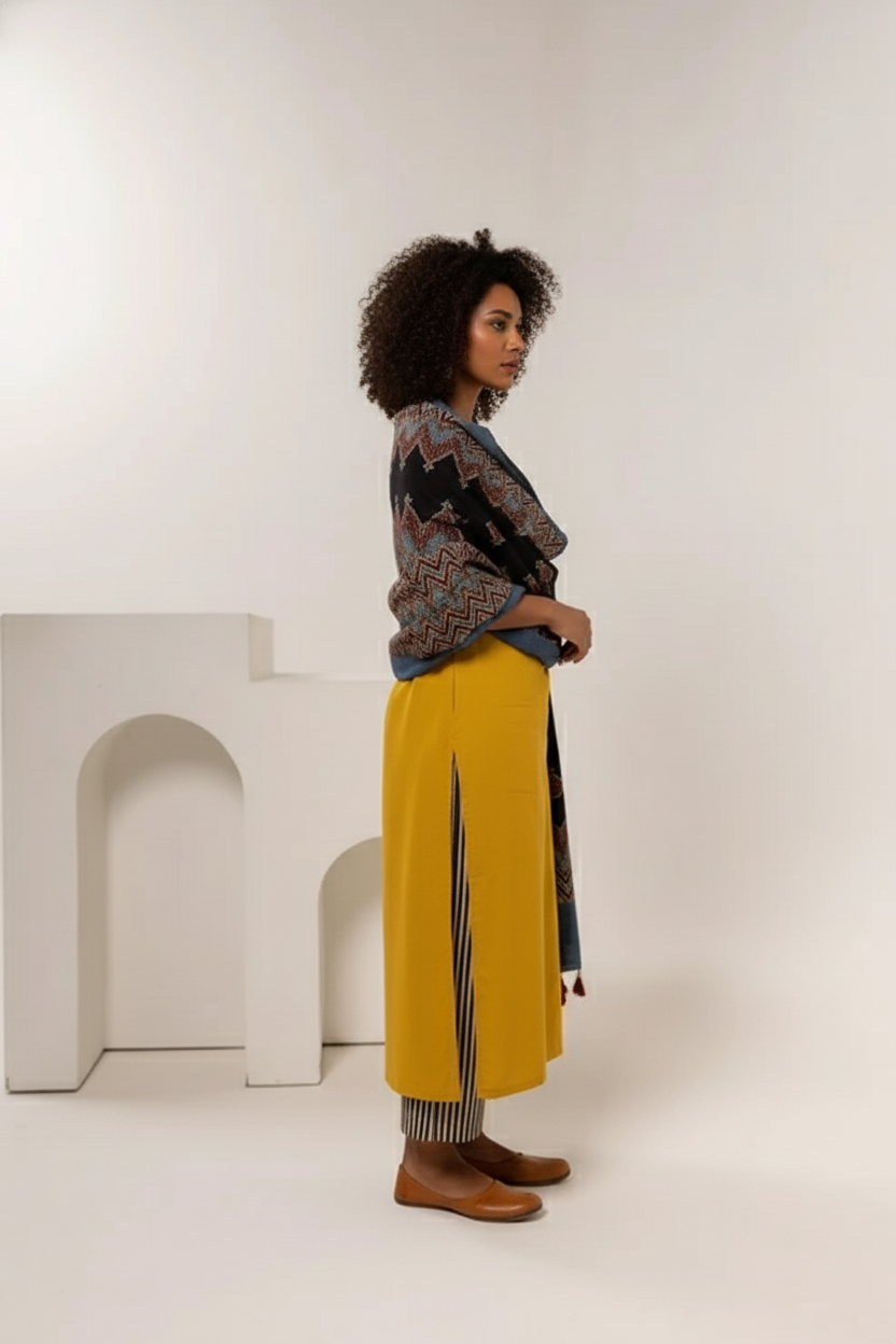Mustard Yellow Cotton Kurta Set with Printed Dupatta & Striped Pants