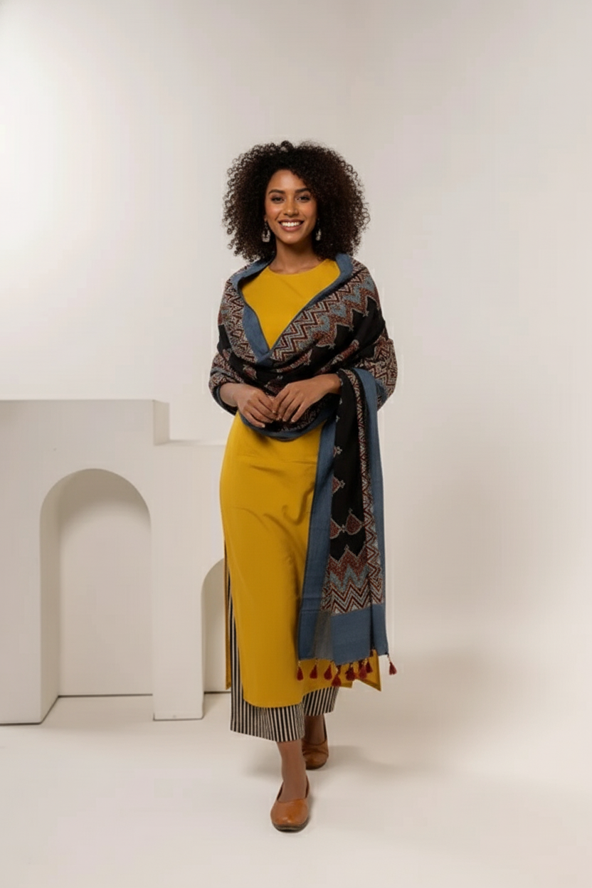 Mustard Yellow Cotton Kurta Set with Printed Dupatta & Striped Pants