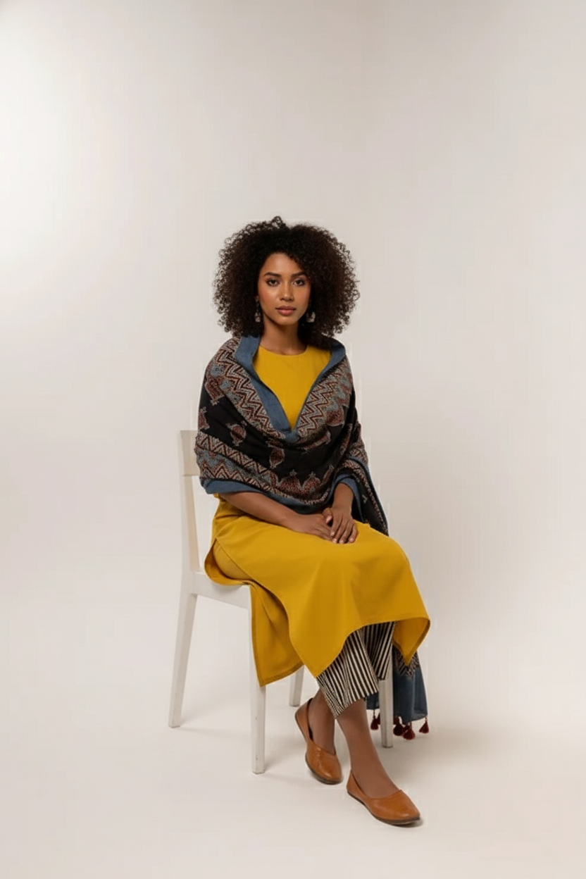 Mustard Yellow Cotton Kurta Set with Printed Dupatta & Striped Pants