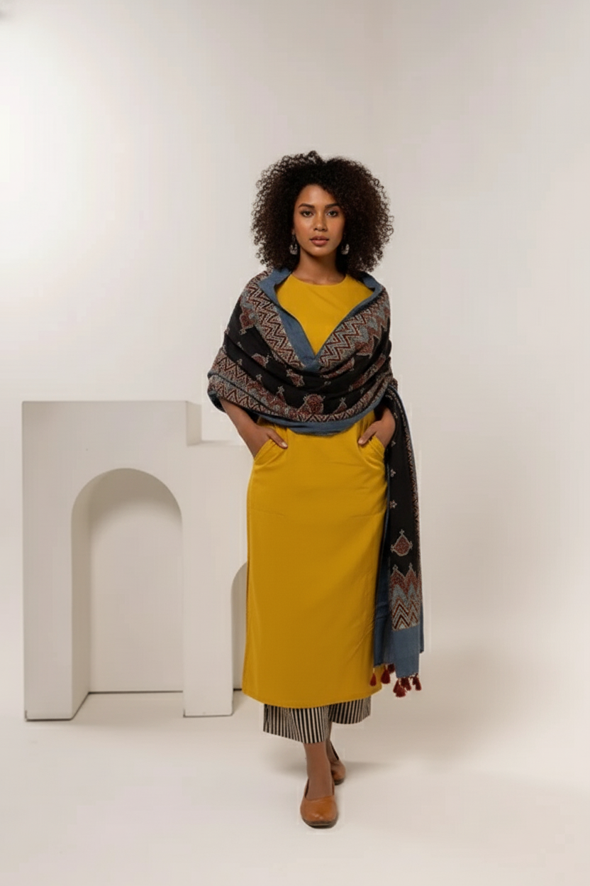 Mustard Yellow Cotton Kurta Set with Printed Dupatta & Striped Pants