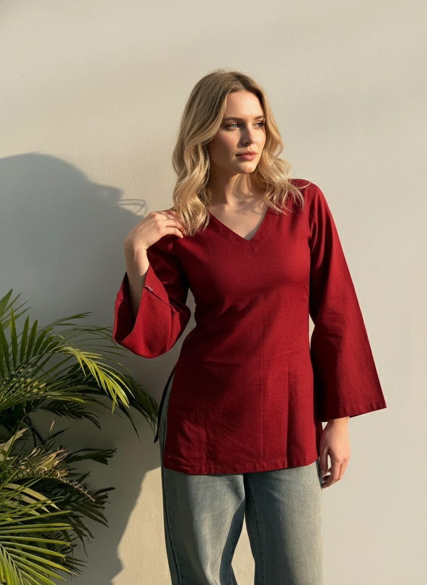 Classic Maroon V-Neck Cotton Top