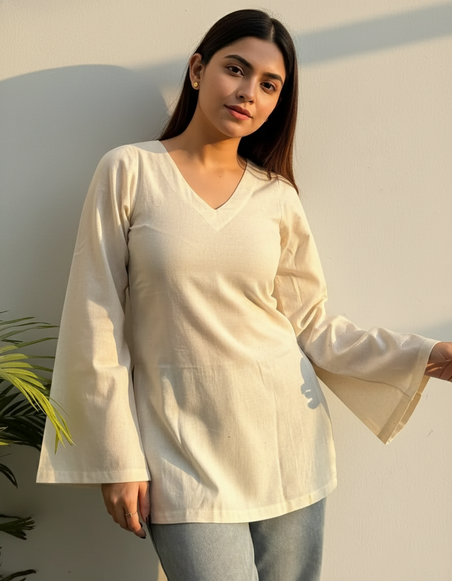 Elegant Beige V-Neck Cotton Top