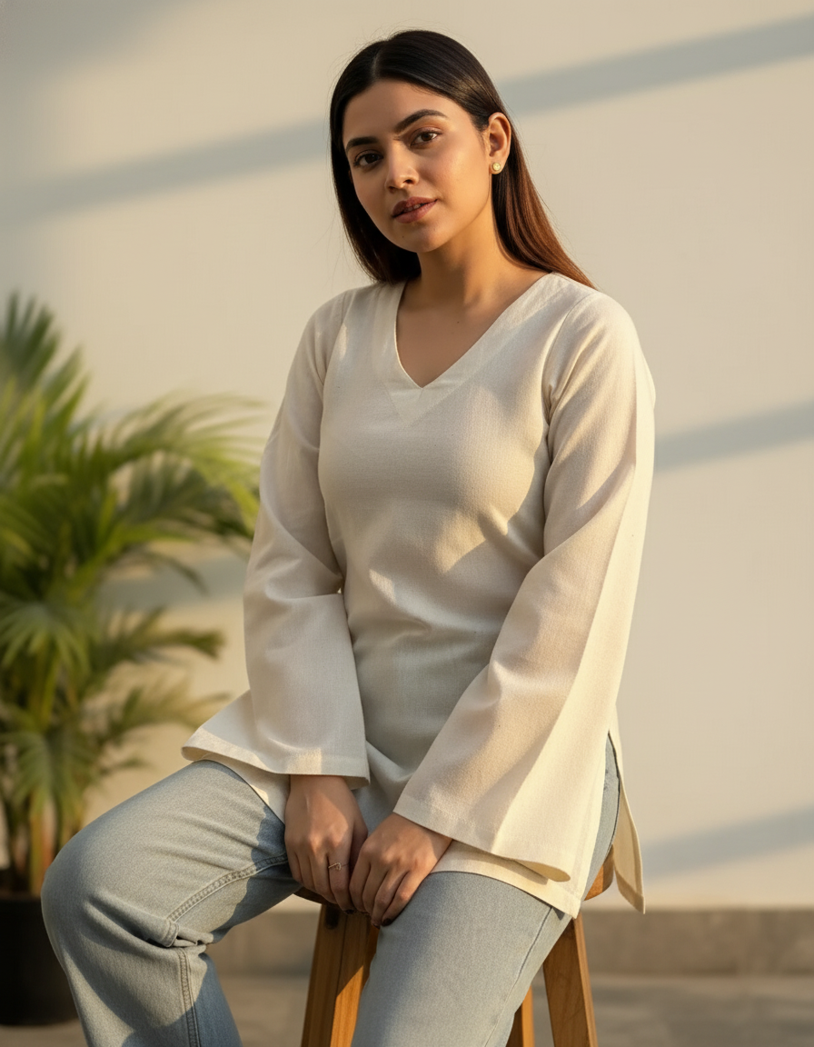 Elegant Beige V-Neck Cotton Top