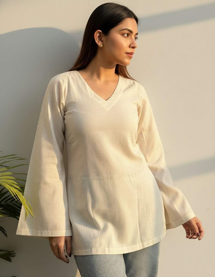 Elegant Beige V-Neck Cotton Top