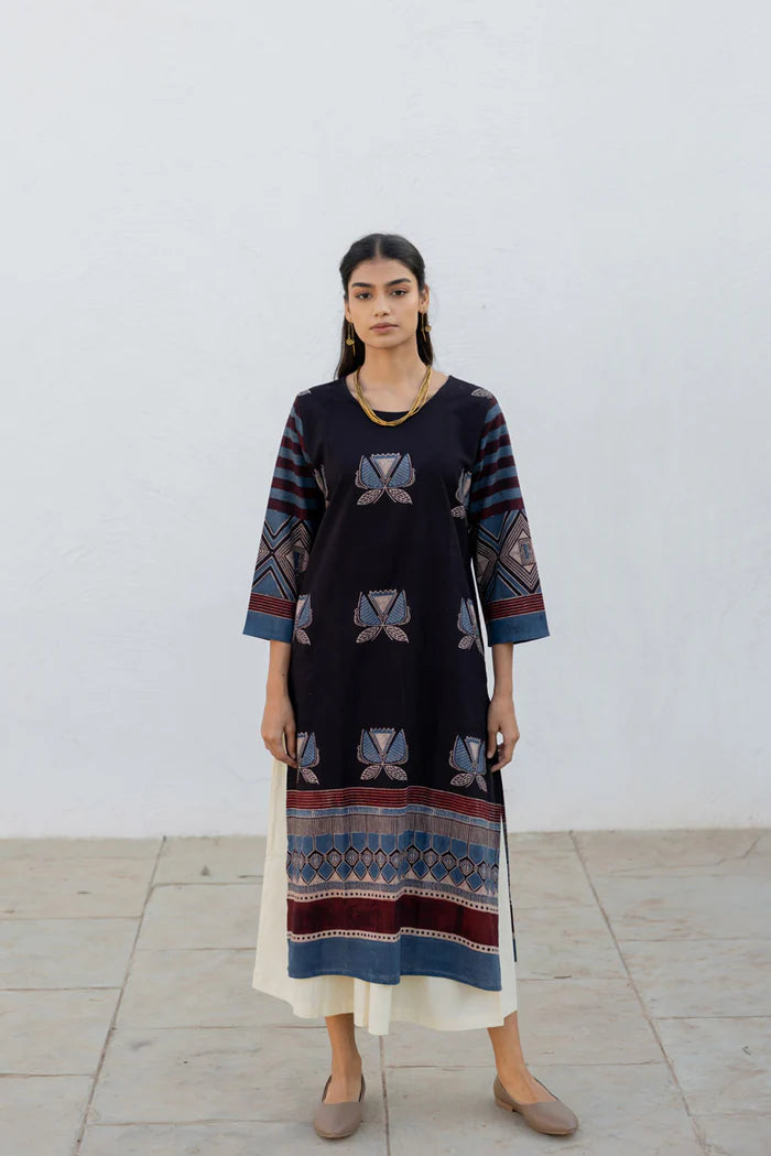 Black & Maroon Printed Cotton Kurta Set with Matching Dupatta and Cream Pants
