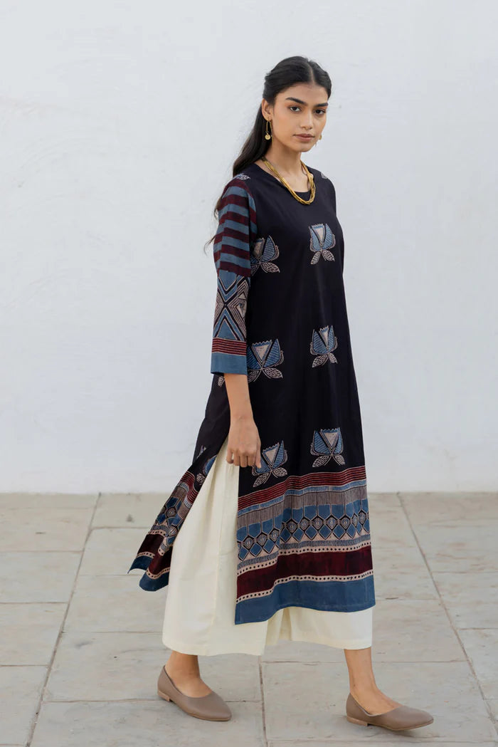 Black & Maroon Printed Cotton Kurta Set with Matching Dupatta and Cream Pants