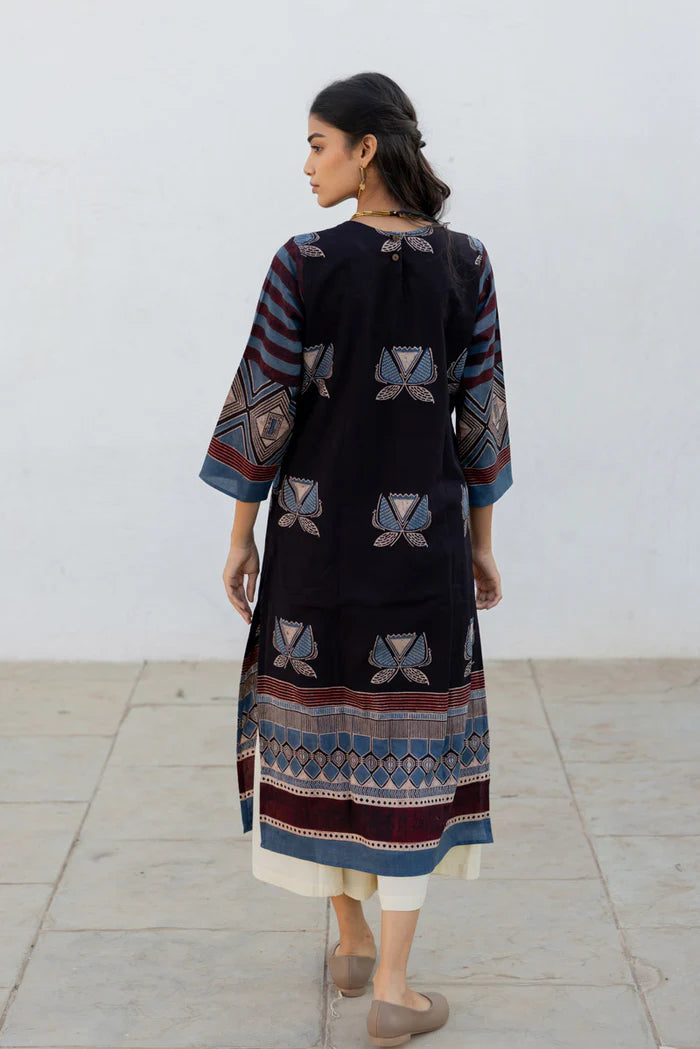 Black & Maroon Printed Cotton Kurta Set with Matching Dupatta and Cream Pants