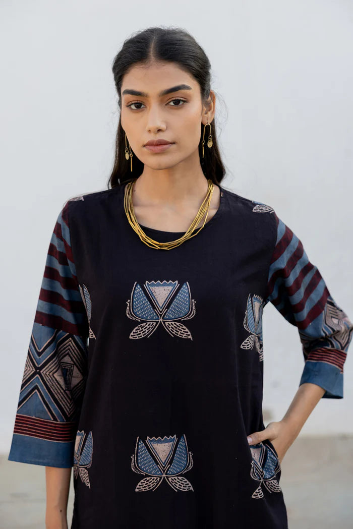 Black & Maroon Printed Cotton Kurta Set with Matching Dupatta and Cream Pants