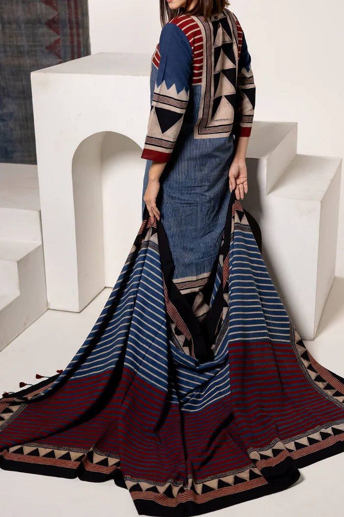 Indigo & Maroon Geometric Print Cotton Kurta With Dupatta
