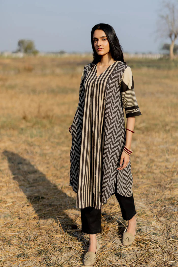 Beige & Black Striped Print Cotton A-Line Kurta