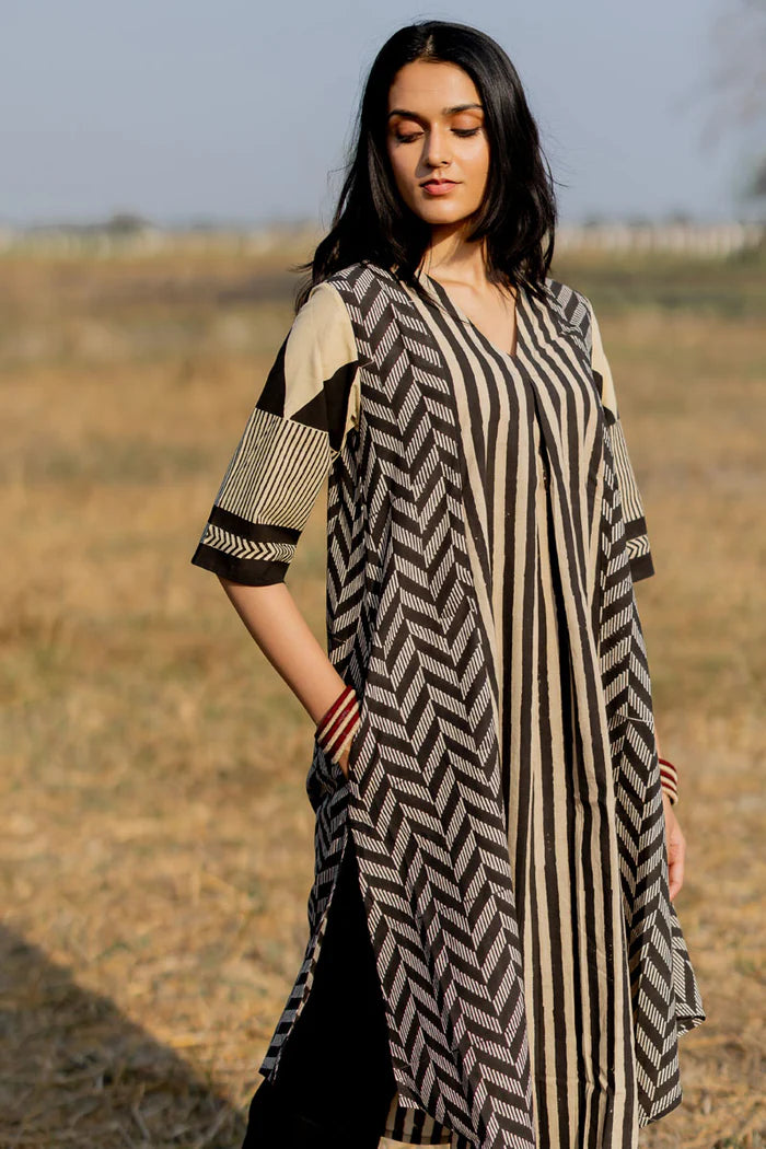 Beige & Black Striped Print Cotton A-Line Kurta