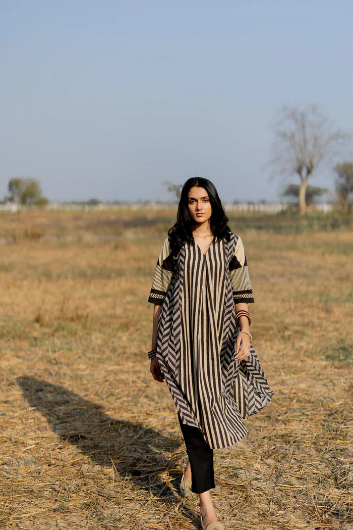 Beige & Black Striped Print Cotton A-Line Kurta