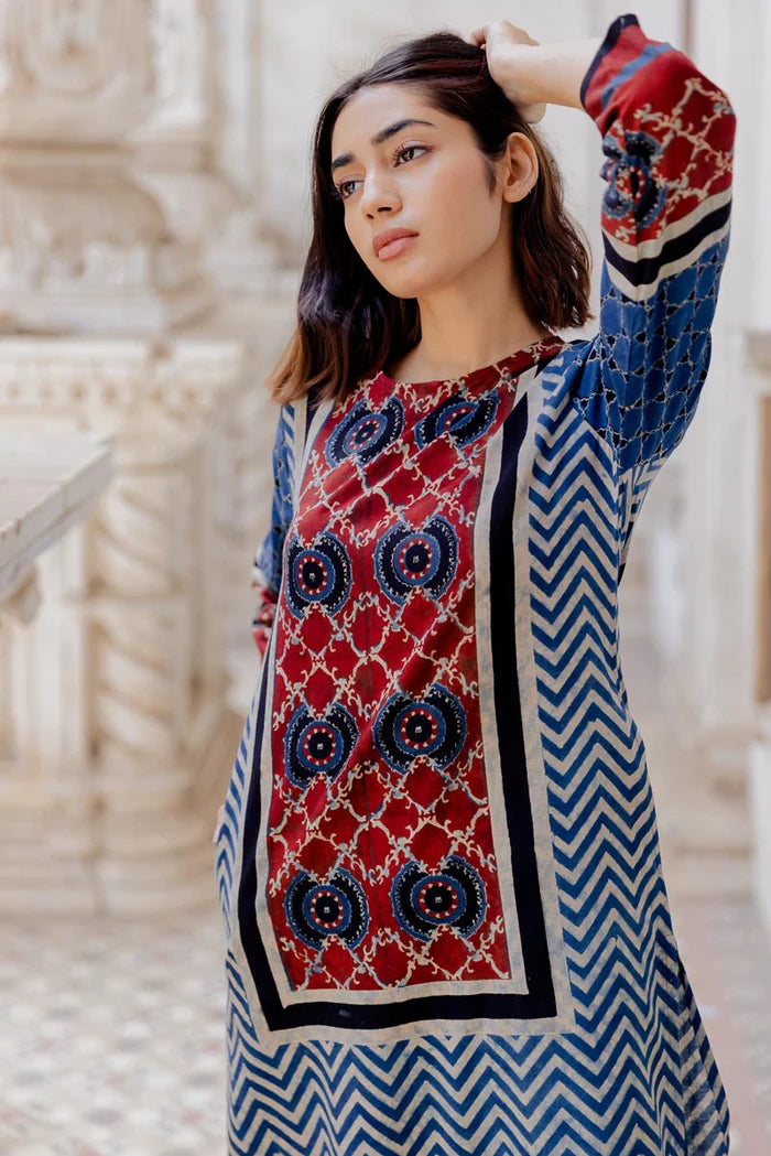 Navy Blue Pichwai Cow Print Cotton Straight Kurta