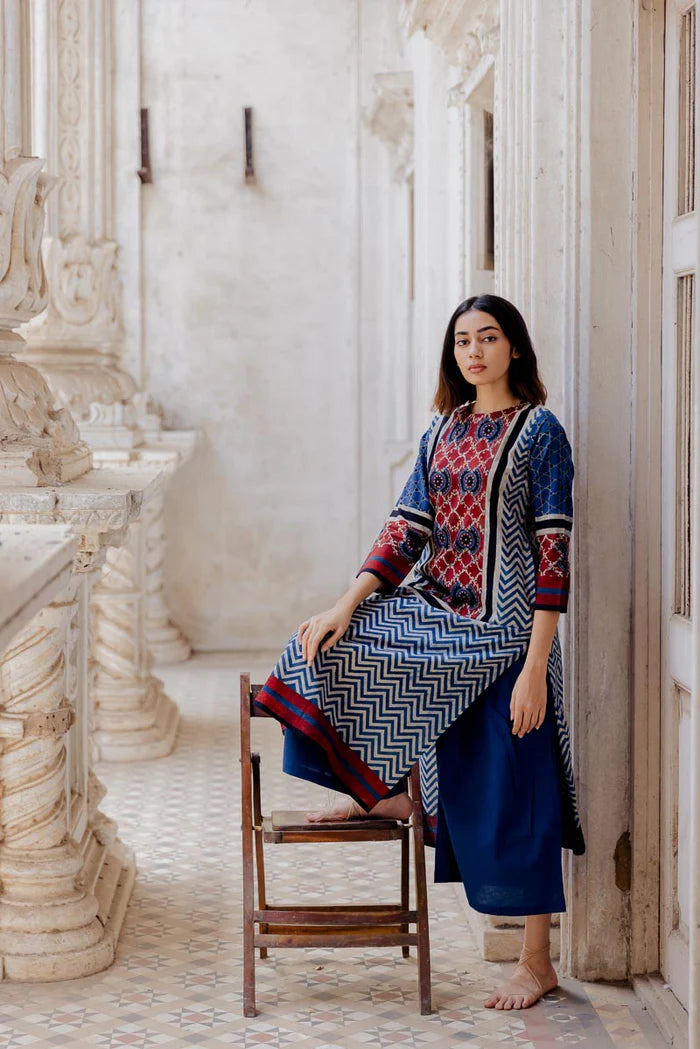 Navy Blue Pichwai Cow Print Cotton Straight Kurta