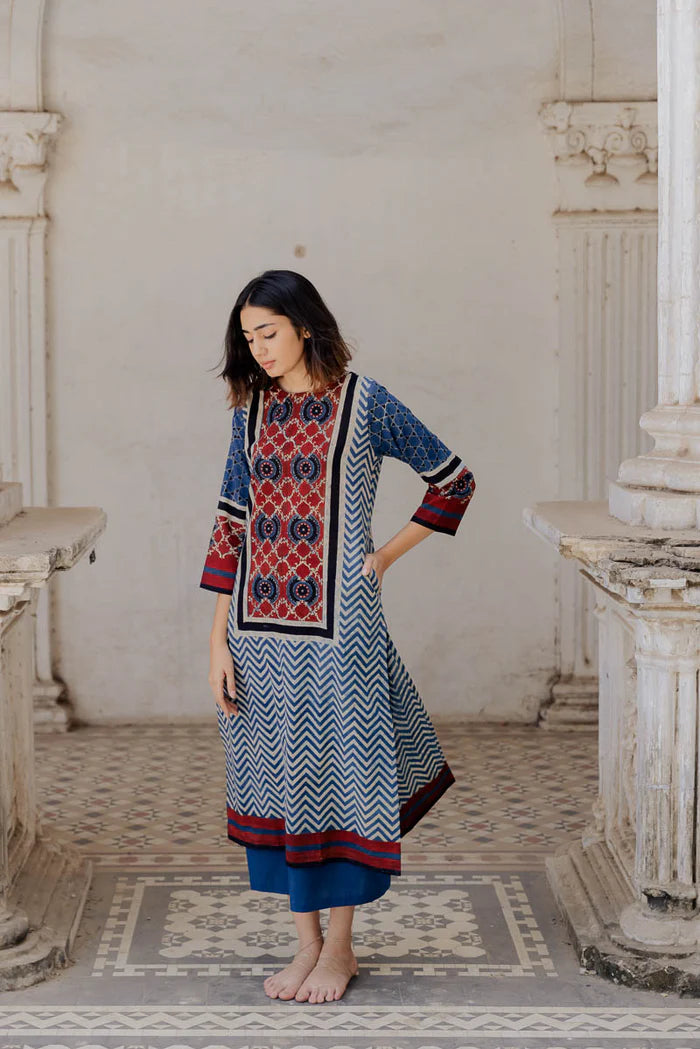 Navy Blue Pichwai Cow Print Cotton Straight Kurta
